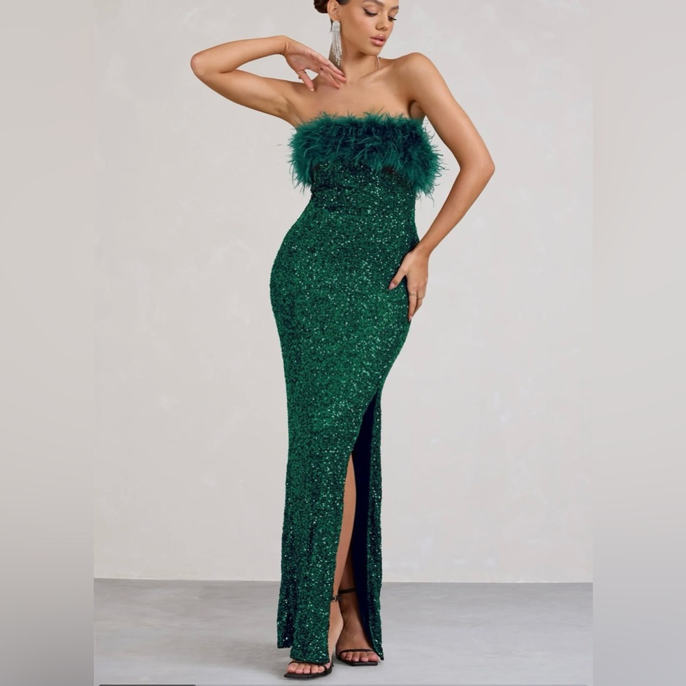 CLUB L OLD MONEY
BOTTLE GREEN BODYCON SEQUIN MAXI DRESS WITH FEATHER TRIM
